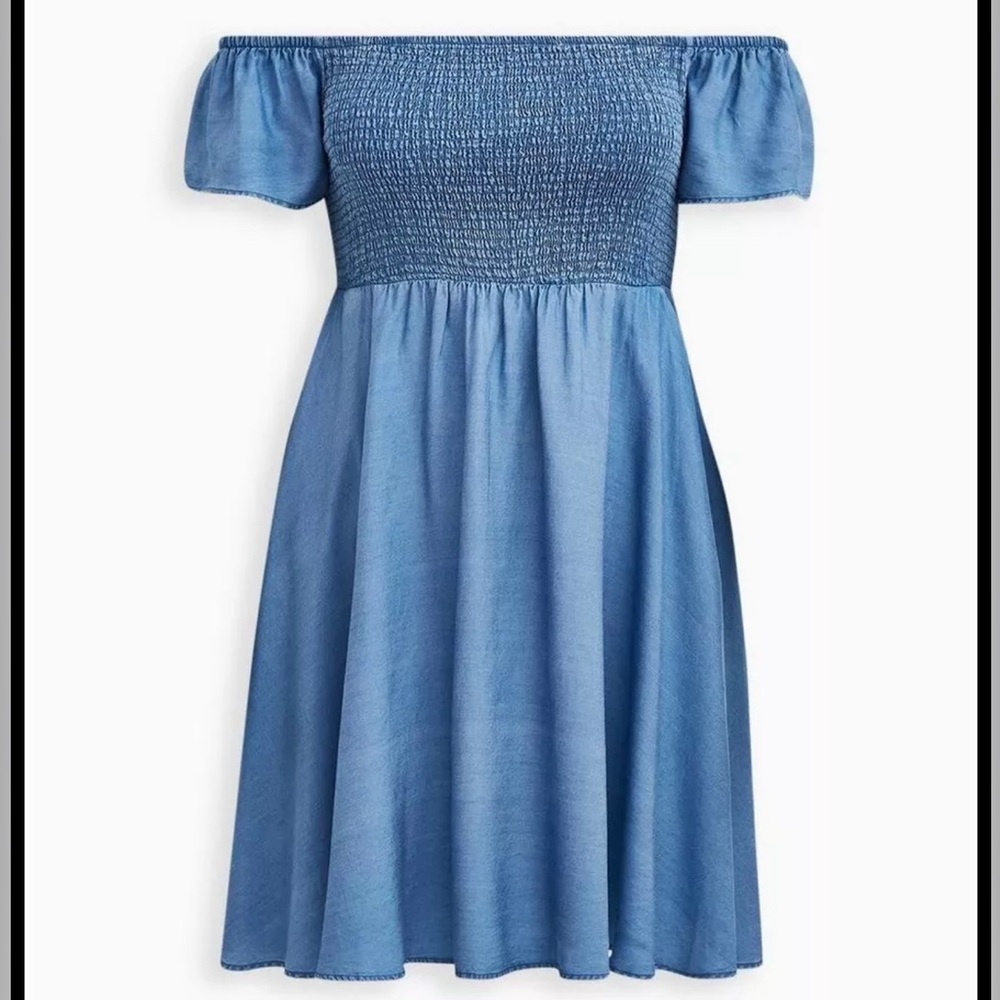 Blue Chambray Off-Shoulder Smocked Skater Dress